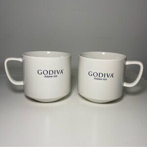 Godiva Coffee Mugs Set of 2 White Ceramic Logo Cups Belgium 1926 Hot Chocolate